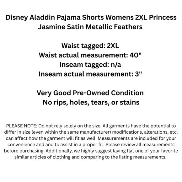 Disney Aladdin Pajama Shorts Womens 2XL Princess Jasmine Satin Metallic Feathers - Picture 2 of 12